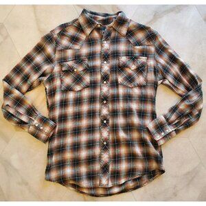 Wrangler Pearl Snap Button-Up Shirt Women's M Western Flannel Plaid Teal Brown